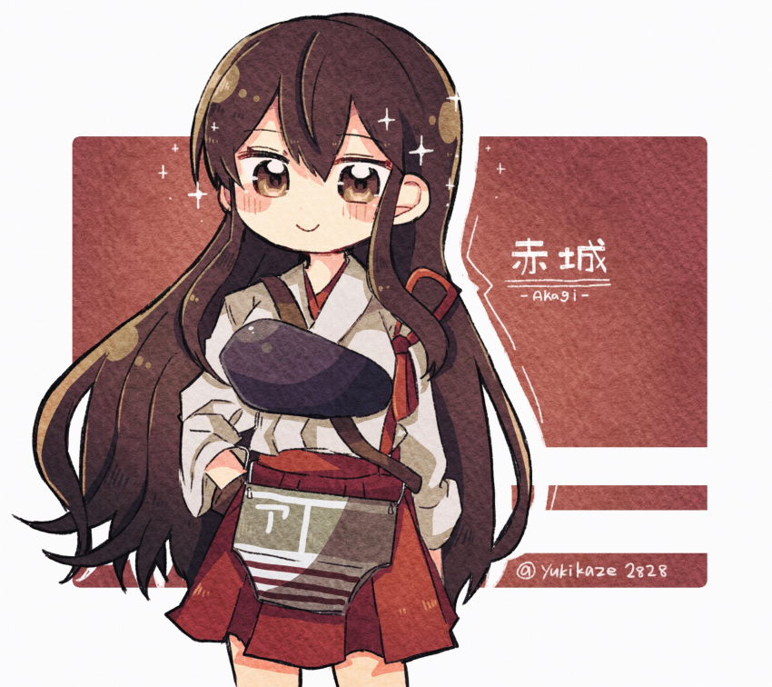 1girl, akagi_(kancolle), blush, brown_eyes, brown_hair, character_name, chibi, hair_between_eyes