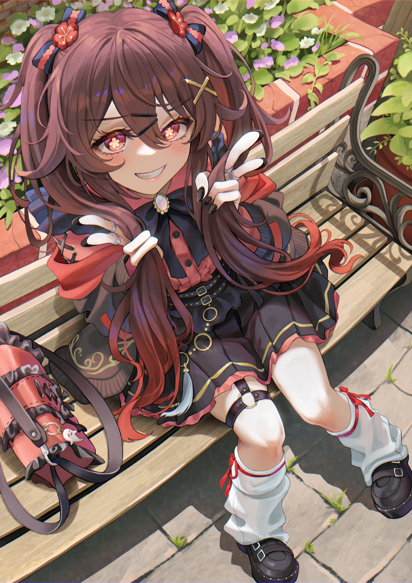1girl, absurdres, bag, bench, black_footwear, black_nails, blush, bright_pupils