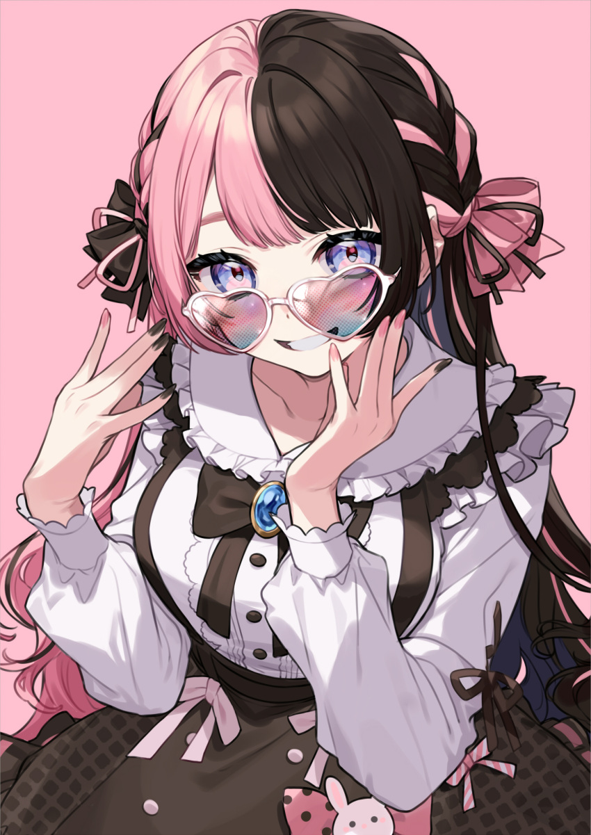 1girl, black_bow, black_hair, black_nails, black_ribbon, blue_eyes, bow, dress