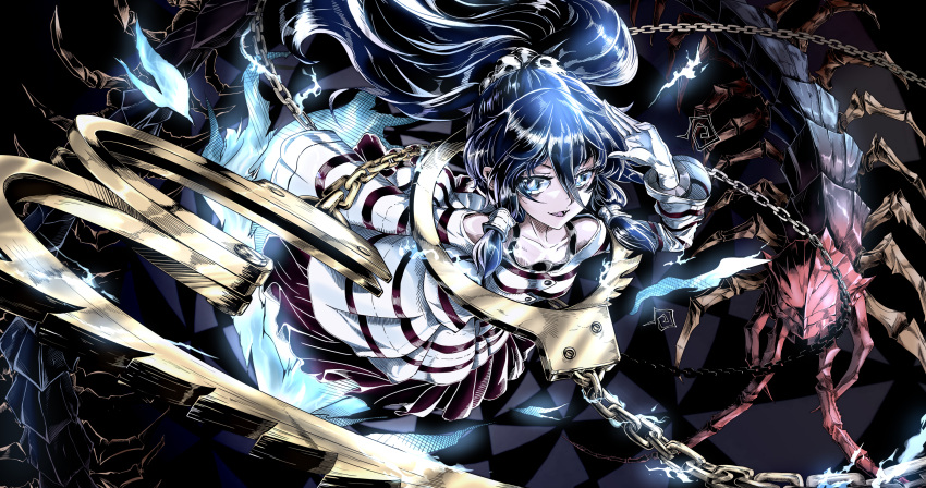 absurdres, black_dress, blue_eyes, blue_hair, bug, buttons, centipede, chain