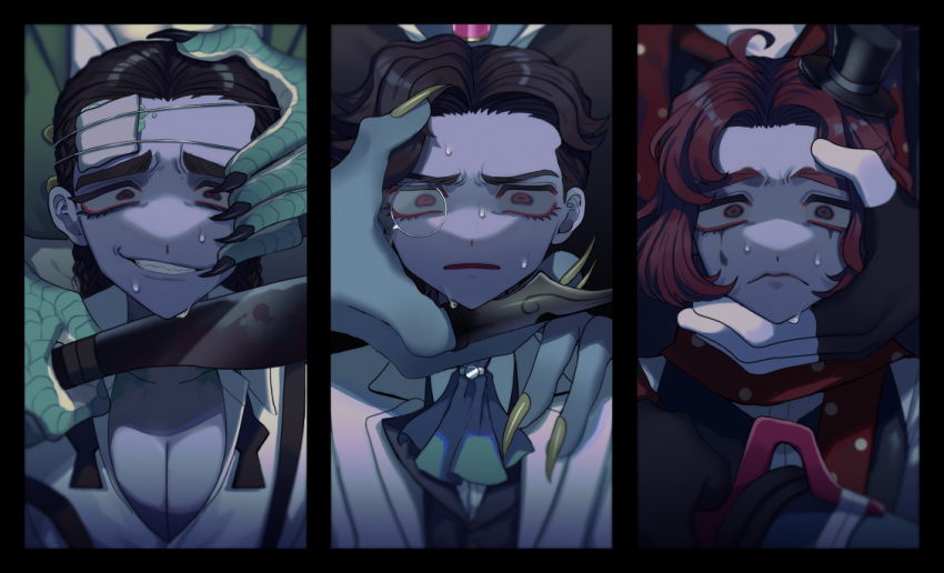 6+boys, ahoge, ascot, at_knifepoint, black_border, black_gloves, black_hair, black_headwear