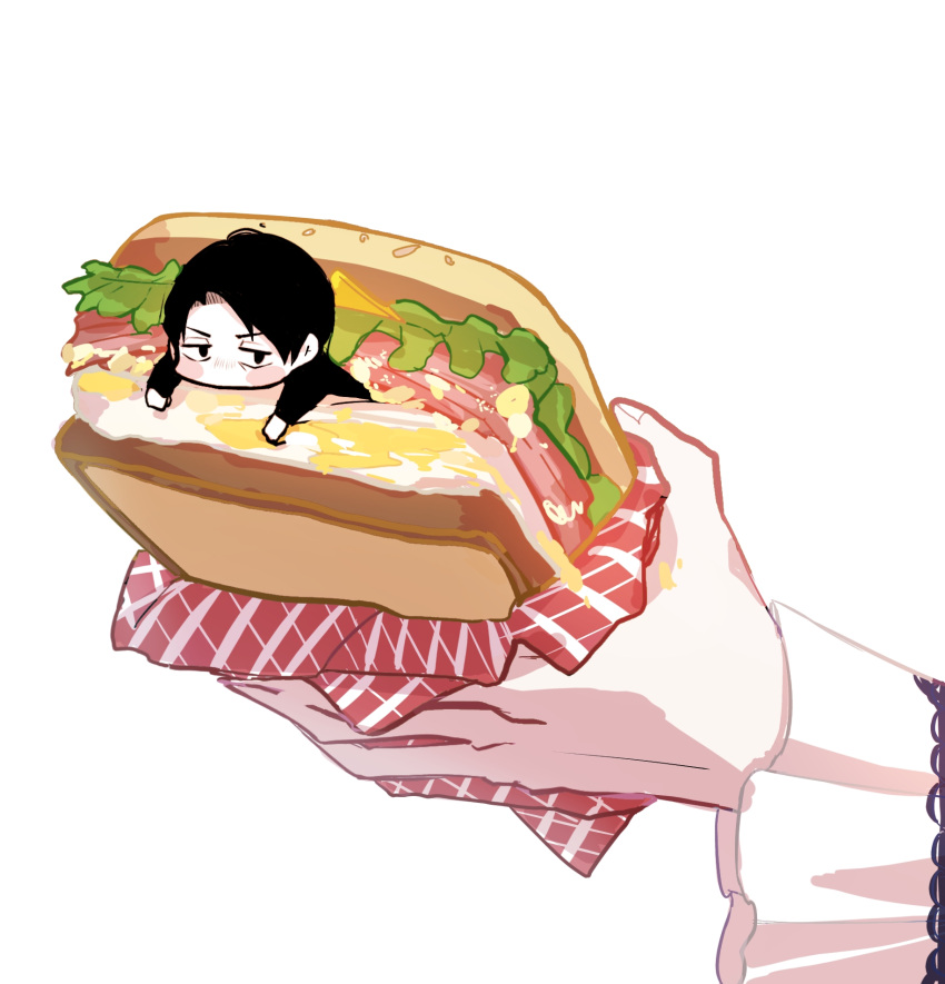 1boy, 1girl, angela_(project_moon), bacon, black_eyes, black_hair, blush_stickers, commentary_request, egg, food, food_focus, food_wrapper, frilled_sleeves, frills, gimguleum, highres, holding, holding_food, in_food, korean_commentary, lettuce, library_of_ruina, long_sleeves, mini_person, miniboy, project_moon, roland_(library_of_ruina), sandwich, simple_background, white_background