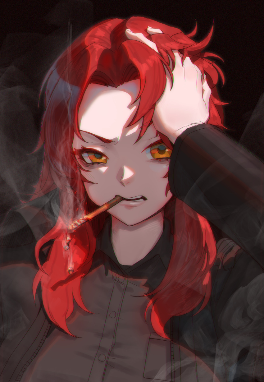 1girl, absurdres, black_jacket, black_shirt, cigarette, collared_shirt, commentary, hand_up
