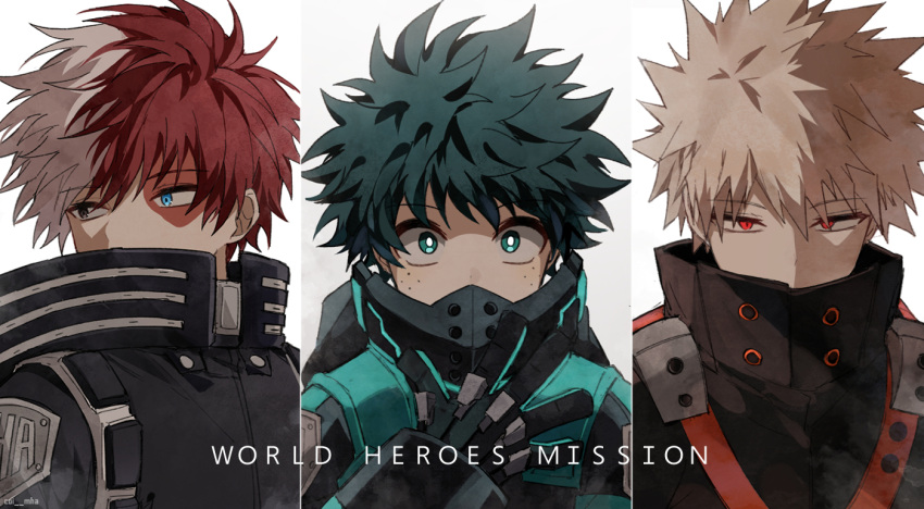 3boys, bakugou_katsuki, black_hair, blonde_hair, blue_eyes, boku_no_hero_academia, coi_mha, green_eyes
