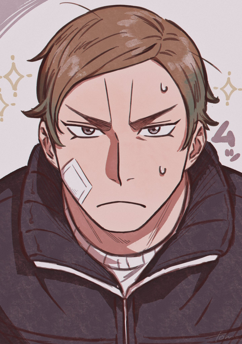 1boy, bandage_on_face, bandages, brown_hair, dogsred, frown, highres, looking_at_viewer, male_focus, short_hair, solo, sparkle, sweat, tonta_(tonta1231), upper_body