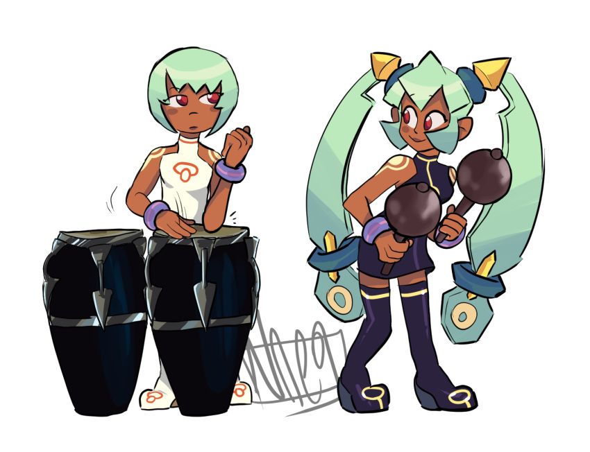 2girls, bare_shoulders, bracelet, closed_mouth, conga_drums, dark-skinned_female, dark_skin, full_body