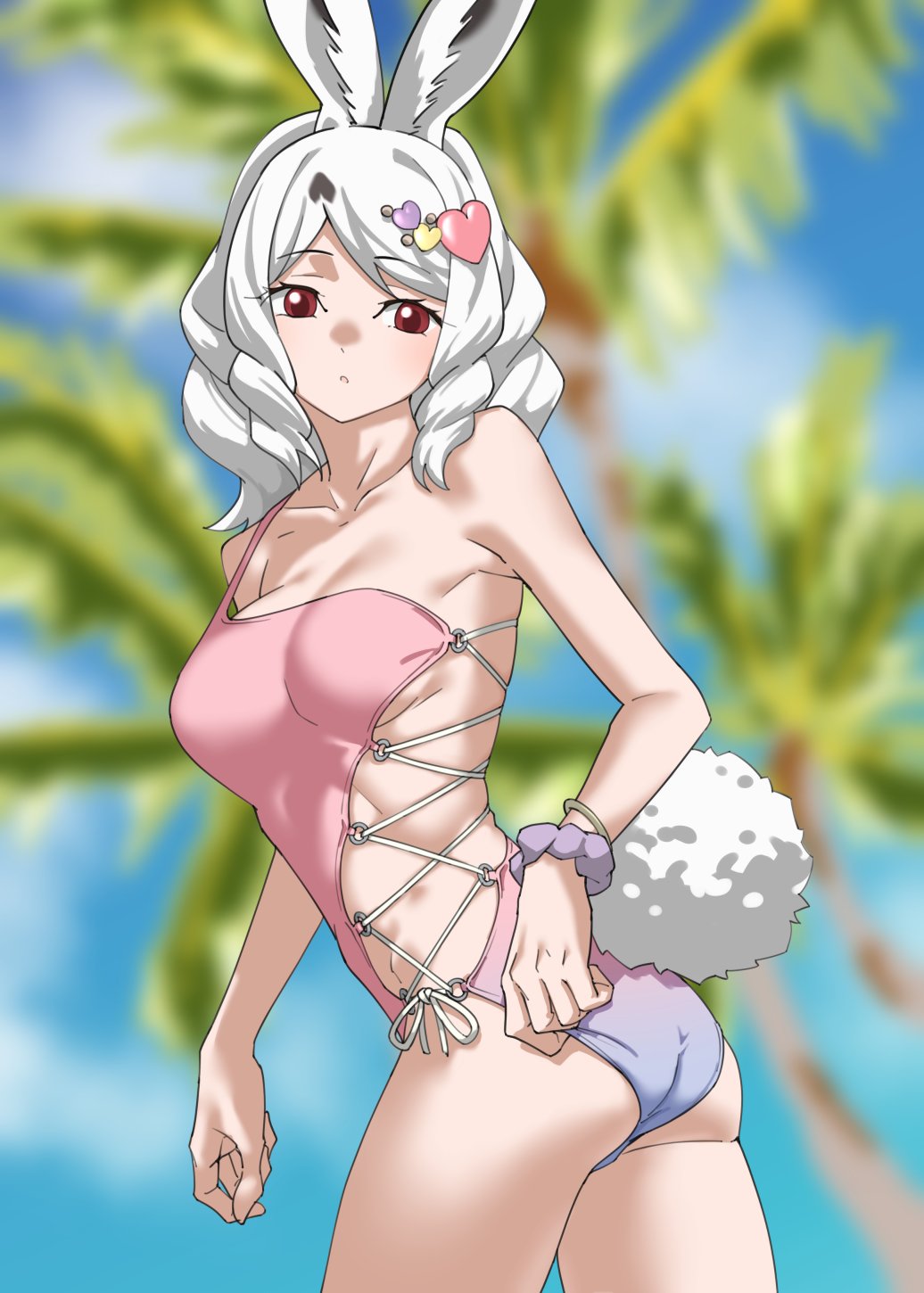 1girl, animal_ears, arctic_hare_(kemono_friends), bare_shoulders, blue_one-piece_swimsuit, cowboy_shot, gradient_swimsuit, hair_ornament