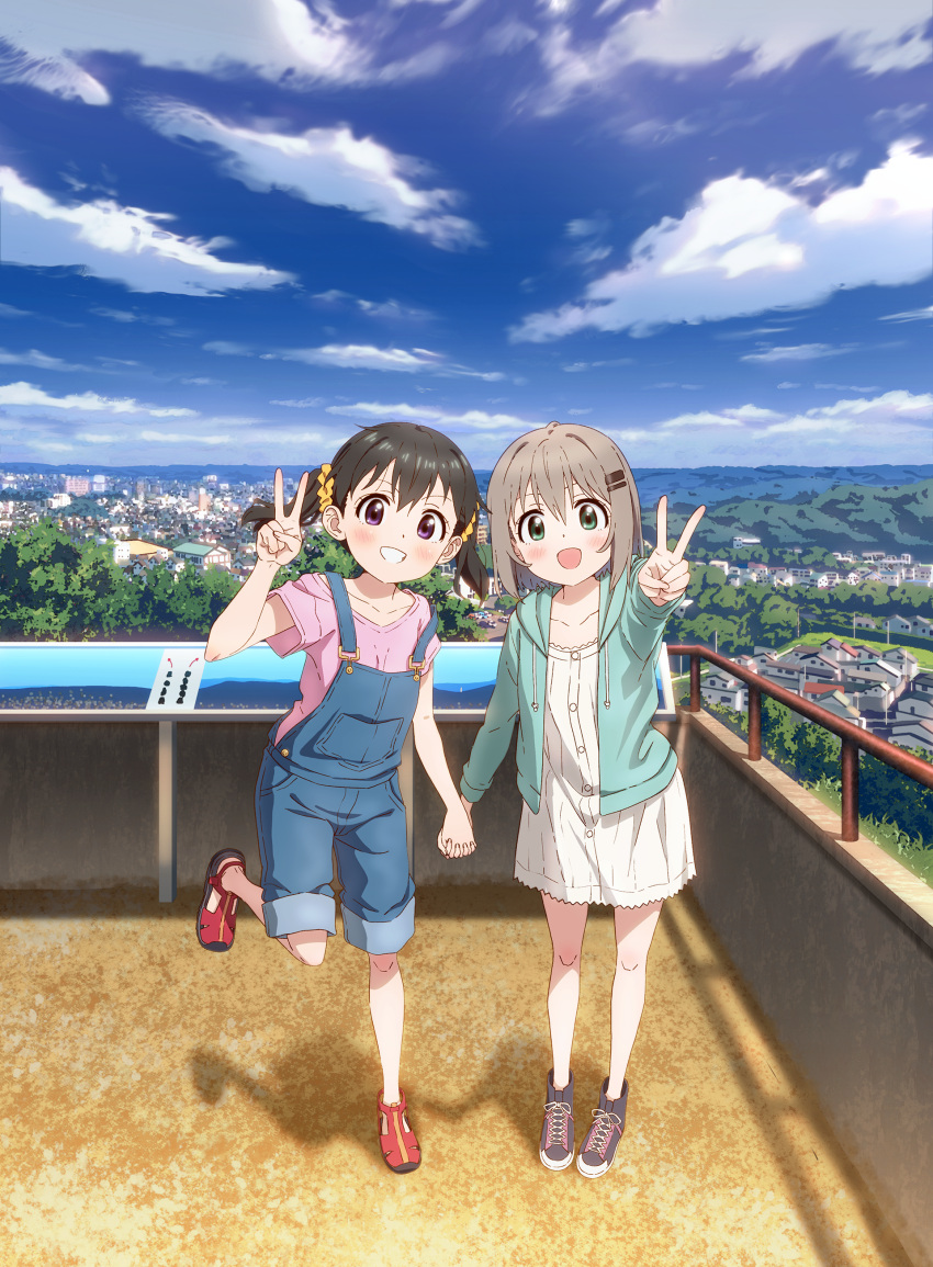 2girls, :d, absurdres, black_footwear, black_hair, blue_overalls, blue_sky, blush
