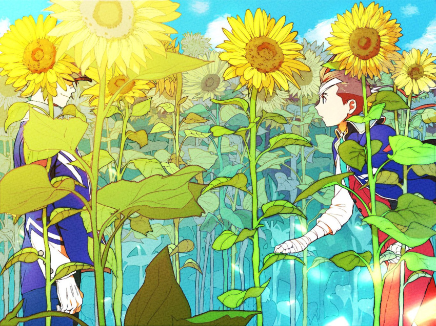 2boys, ace_attorney, antenna_hair, apollo_justice, aqua_necktie, arms_at_sides, asayosi_k, bandaged_arm