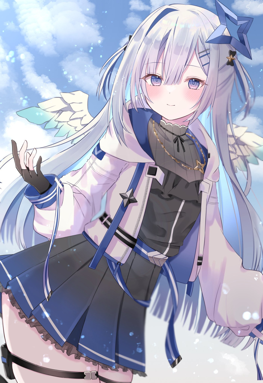 1girl, amane_kanata_(3rd_costume), angel_wings, black_dress, black_gloves, blue_sky, blush, closed_mouth