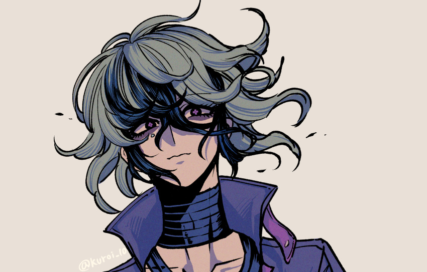 1boy, bandaged_neck, bandages, closed_mouth, eyeliner, green_hair, grey_background, hair_between_eyes