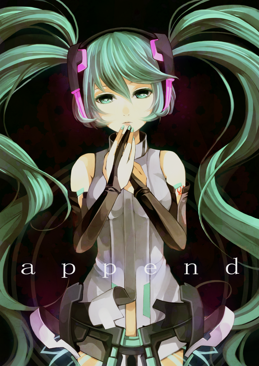 aqua_eyes, aqua_hair, belt, bridal_gauntlets, elbow_gloves, fingerless_gloves, gloves, hatsune_miku