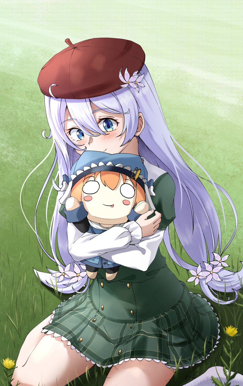 2_ru, absurdres, aoba_chika, blue_eyes, hat, highres, holding, hug