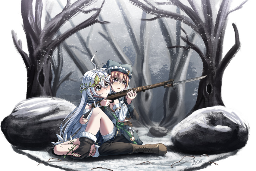 2_ru, 2girls, absurdres, aoba_chika, gun, highres, long_hair, magia_record:_mahou_shoujo_madoka_magica_gaiden, mahou_shoujo_madoka_magica, miura_asahi, multiple_girls, short_hair, snow, tree, very_long_hair, weapon, winter, yuri