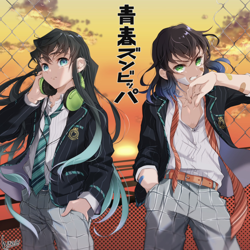 2boys, aqua_eyes, aqua_hair, aqua_necktie, belt, black_hair, black_jacket, blue_hair