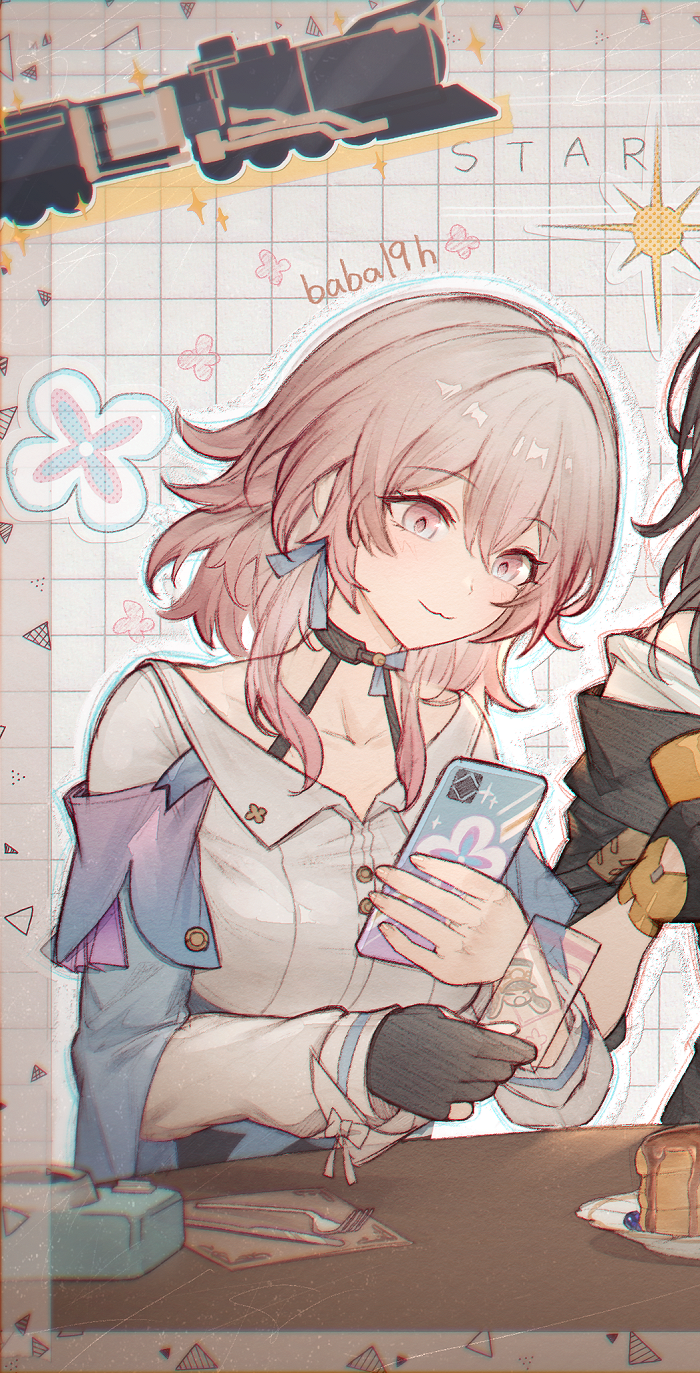 2girls, :3, archery_shooting_glove, artist_name, baba19h, bare_shoulders, black_choker, black_gloves