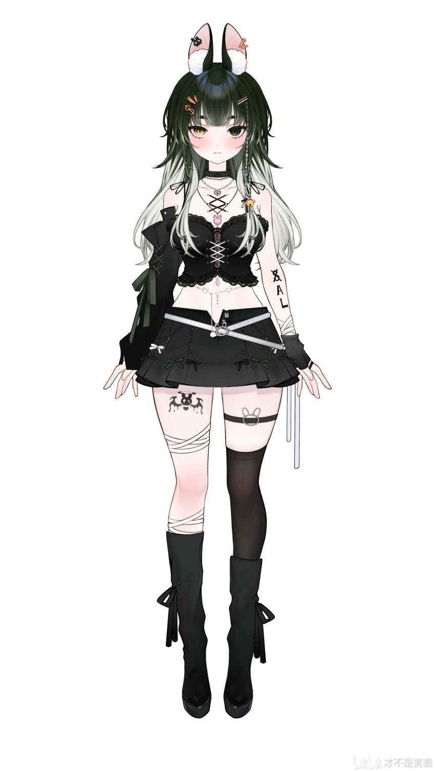 1girl, :<, absurdres, animal_ear_fluff, animal_ears, arm_tattoo, bandage_on_thigh, bandaged_wrist