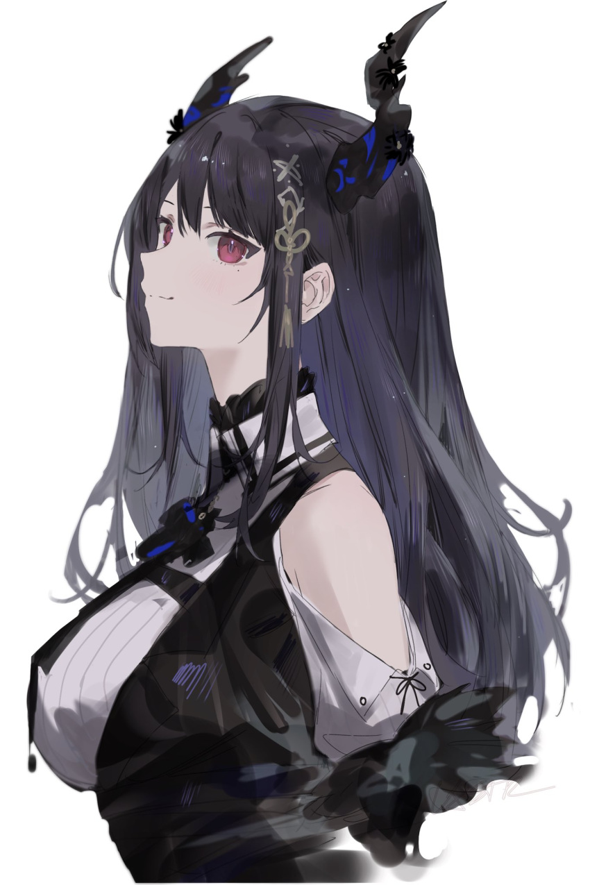 1girl, asymmetrical_horns, belt, black_bow, black_bowtie, black_hair, black_jacket, blue_hair, bow, bowtie, breasts, clothing_cutout, collared_shirt, demon_horns, feather-trimmed_jacket, feather-trimmed_sleeves, framed_breasts, from_side, hair_ornament, highres, hololive, hololive_english, horn_flower, horns, jacket, large_breasts, long_hair, looking_at_viewer, looking_to_the_side, mole, mole_under_eye, multicolored_hair, nerissa_ravencroft, off_shoulder, red_eyes, ribbed_shirt, shirt, shoulder_cutout, sidelocks, simple_background, slit_pupils, smile, solo, tassel, tassel_hair_ornament, uneven_horns, upper_body, virtual_youtuber, vivixstar, waistcoat, white_shirt