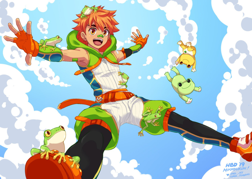 1boy, animal, belt, black_leggings, blue_sky, borrowed_character, clouds, detached_sleeves, fingerless_gloves, frog, from_below, gloves, green_hoodie, happy_birthday, highres, hood, hoodie, leggings, looking_at_viewer, male_focus, open_mouth, orange_belt, orange_eyes, orange_footwear, orange_gloves, orange_hair, original, outstretched_arms, shoes, sky, sleeveless, sleeveless_hoodie, smile, solo, spread_arms, spread_legs, stuffed_animal, stuffed_toy, teeth, tongue, upper_teeth_only, zamius