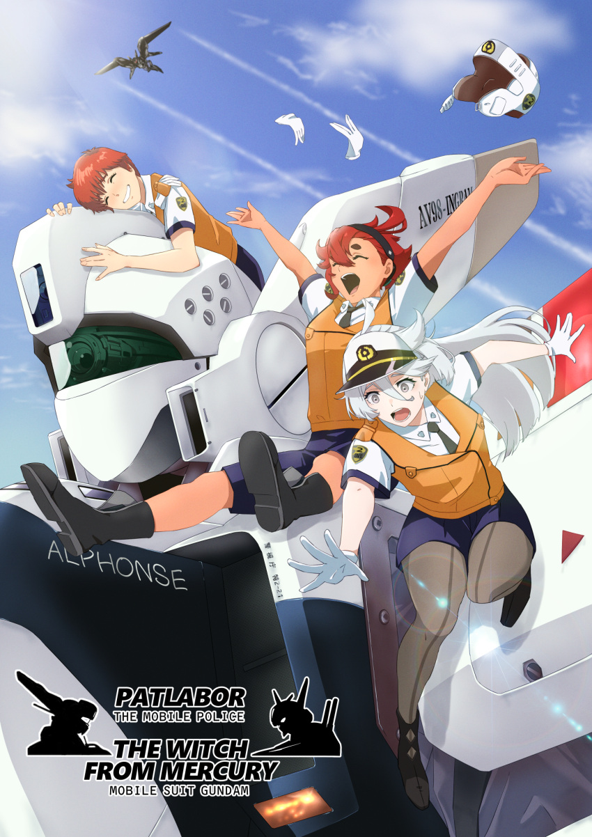 3girls, alphonse_(av-98_ingram), black_hairband, blue_sky, buchi_holes, closed_eyes, copyright_name, crossover