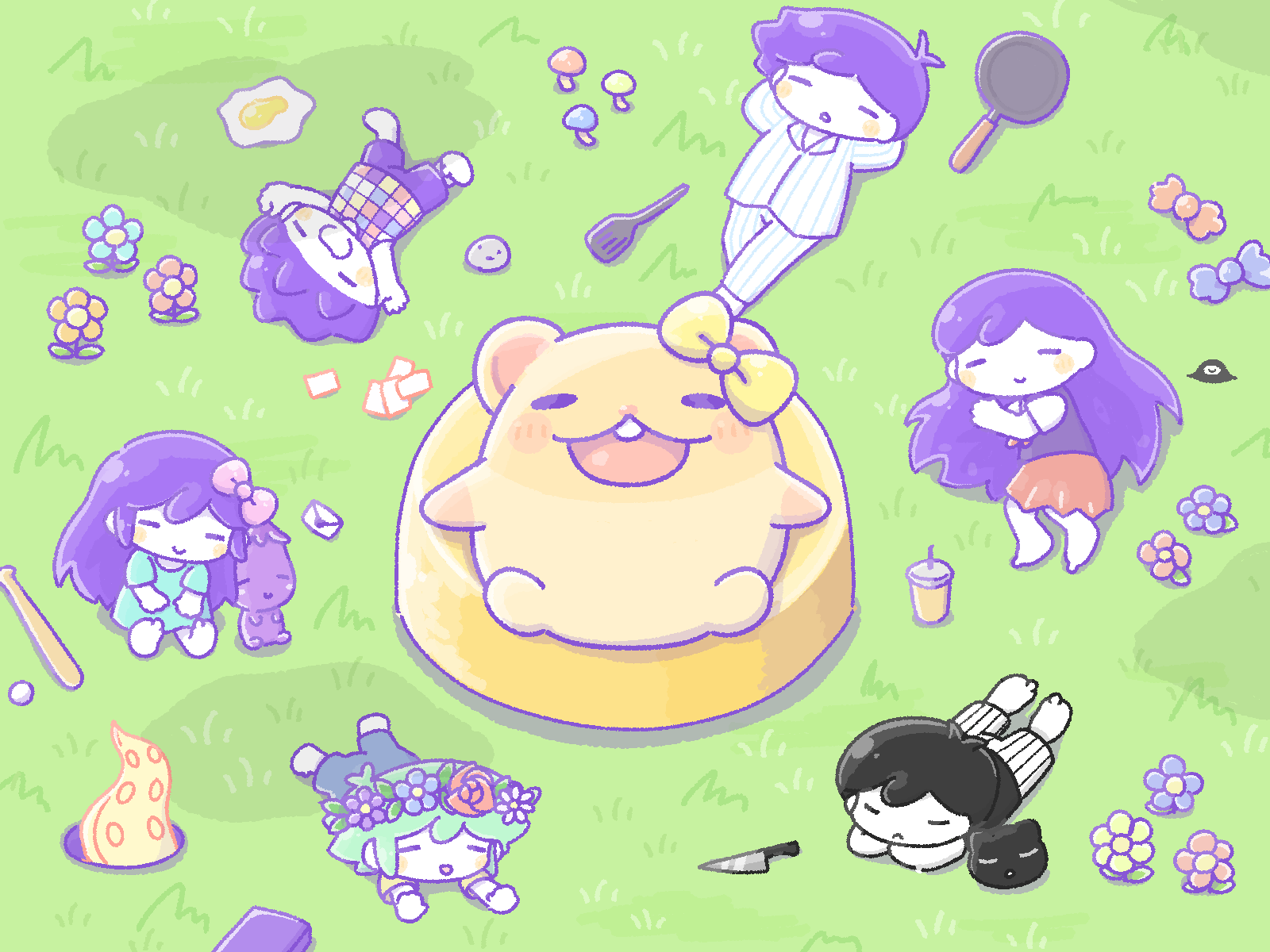 2girls, 4boys, aubrey_(omori), baseball_bat, basil_(omori), black_hair, blush, bow