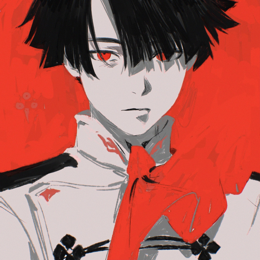 0229661, 1boy, ace_attorney, ascot, black_hair, blending, closed_mouth, expressionless, highres, jacket, kazuma_asogi, limited_palette, looking_at_viewer, male_focus, red_ascot, red_background, red_eyes, short_hair, simple_background, solo, the_great_ace_attorney, the_great_ace_attorney_2:_resolve, upper_body, white_jacket