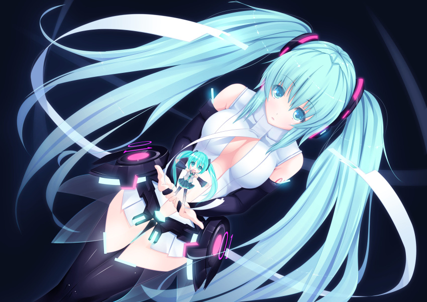 aqua_eyes, aqua_hair, belt, breasts, bridal_gauntlets, chibi, cleavage, elbow_gloves