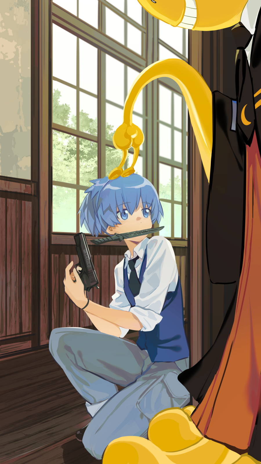 2boys, ansatsu_kyoushitsu, black_necktie, blue_eyes, blue_hair, blue_vest, bracelet, collared_shirt