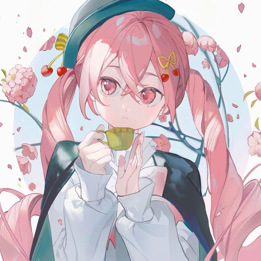 1girl, branch, cherry_blossoms, cherry_hair_ornament, cherry_hat_ornament, closed_mouth, cup, earrings