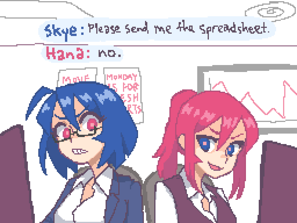 2girls, animated, animated_gif, black-framed_eyewear, blue_eyes, blue_hair, collared_shirt, glasses