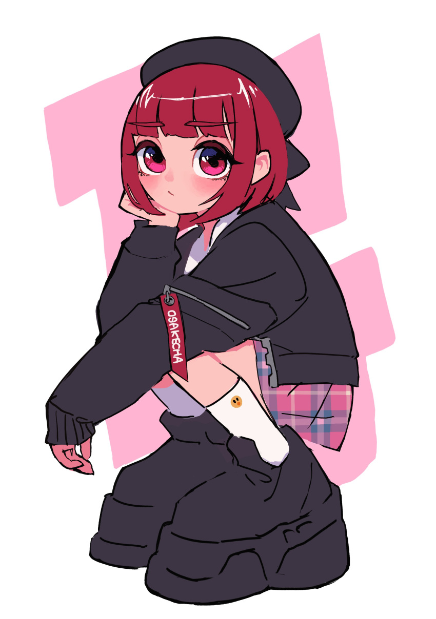 1girl, absurdres, arima_kana, beret, black_footwear, black_headwear, black_jacket, bob_cut