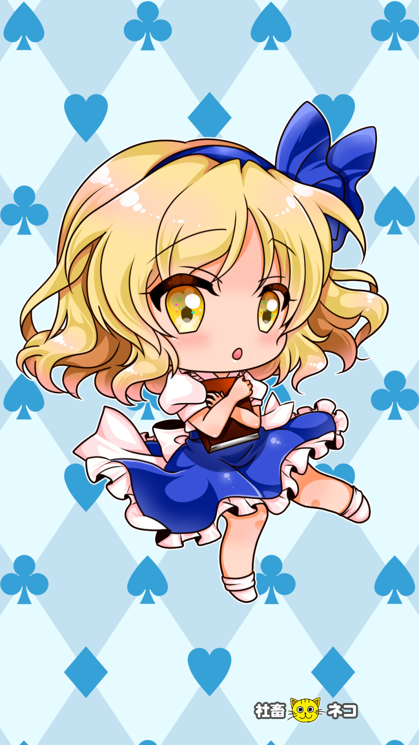 1girl, :o, alice_margatroid, alice_margatroid_(pc-98), back_bow, blonde_hair, blue_background, blue_hairband