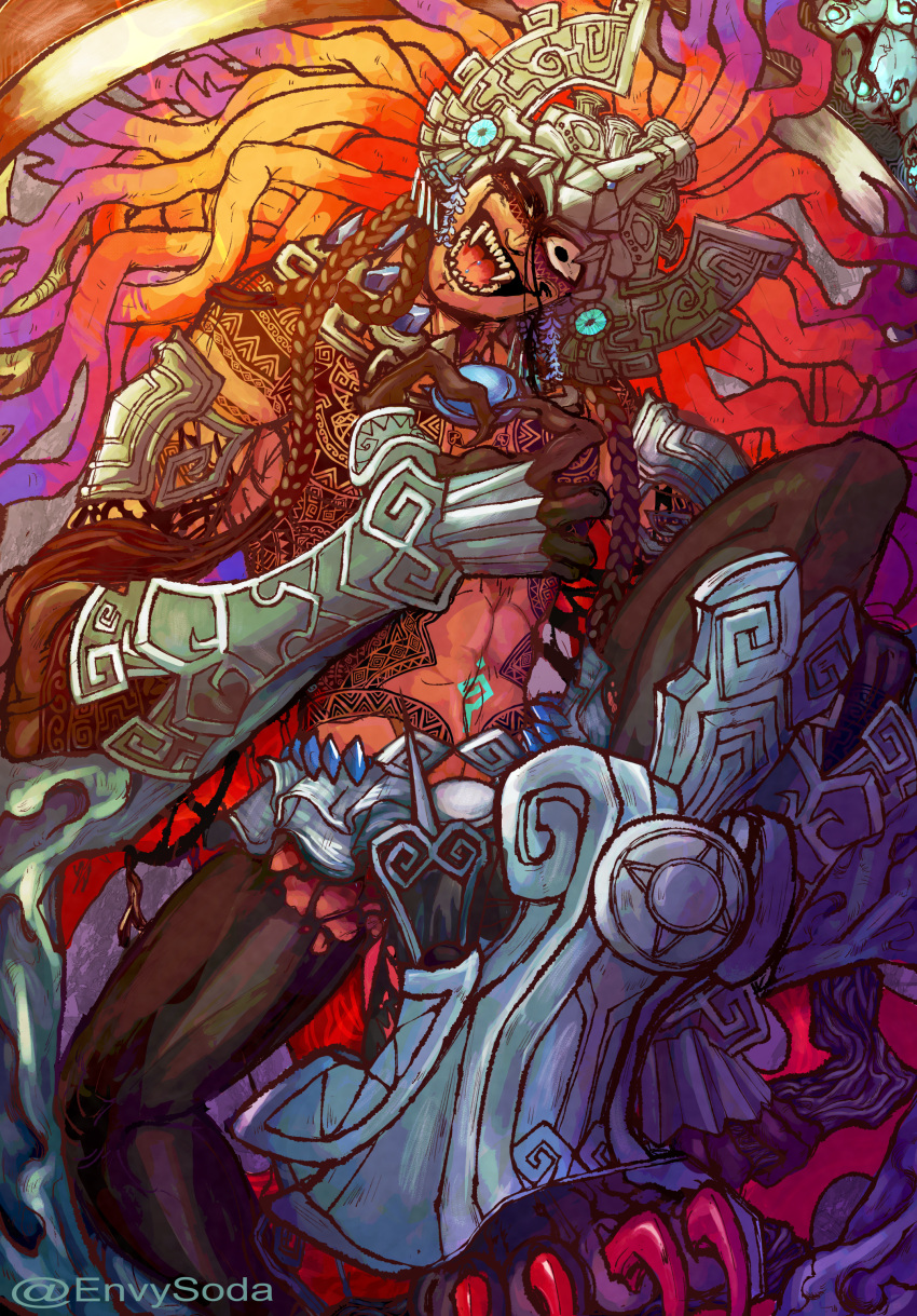 1boy, absurdres, animal_ears, black_bandages, black_hair, black_loincloth, black_skin, blood_vessels