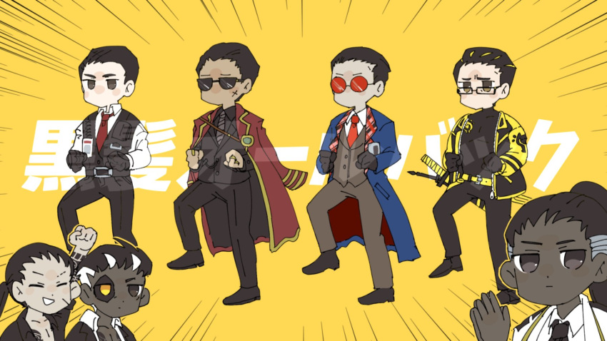 6+boys, black_gloves, black_hair, black_pants, black_shirt, boris_(project_moon), coat, coat_on_shoulders