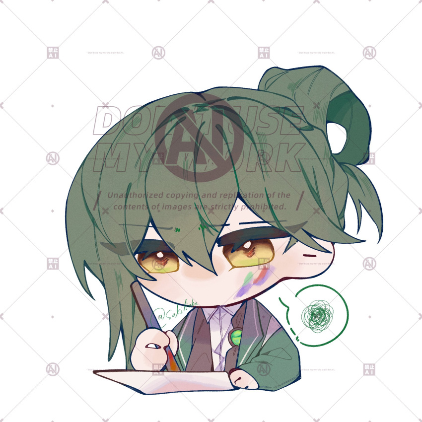 1boy, chibi, coat, collared_shirt, folded_ponytail, gem, green_coat, green_gemstone