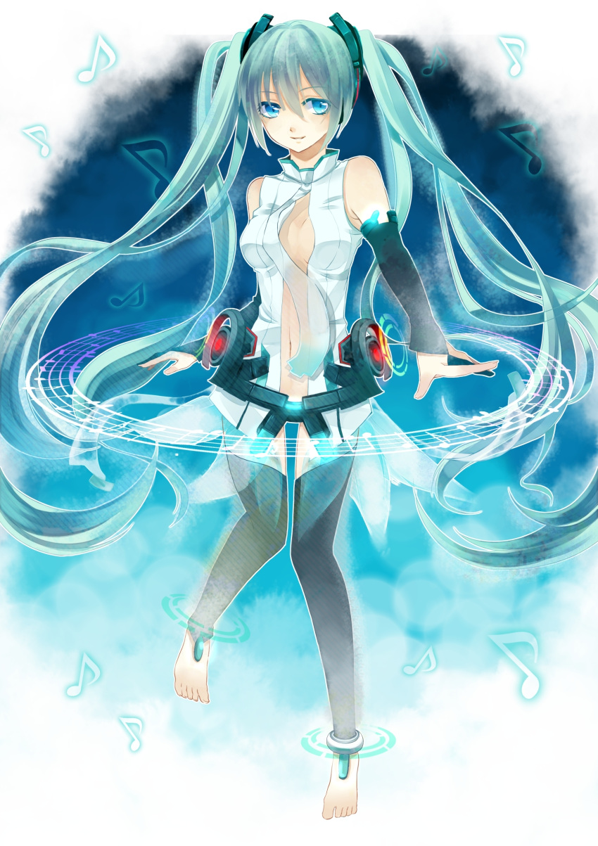 absurdres, aqua_eyes, aqua_hair, barefoot, bridal_gauntlets, hatsune_miku, hatsune_miku_(append), highres