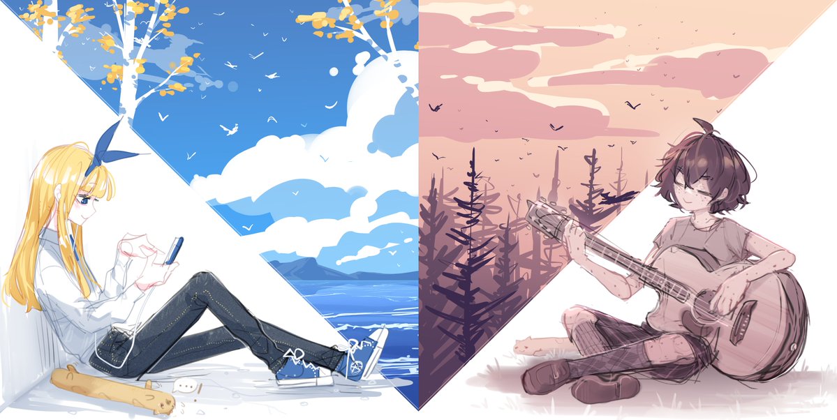 2girls, ahoge, alternate_costume, animal, bird, black_skirt, blind_girl_(popopoka), blonde_girl_(popopoka)