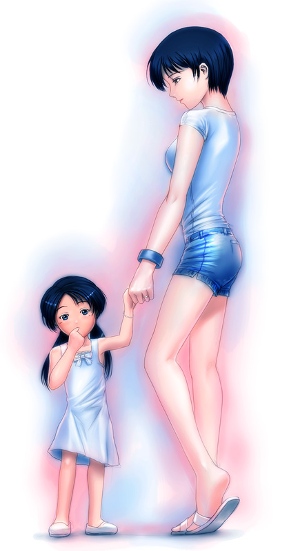 2girls, age_difference, blue_eyes, blue_hair, blush, bow, bracelet, child