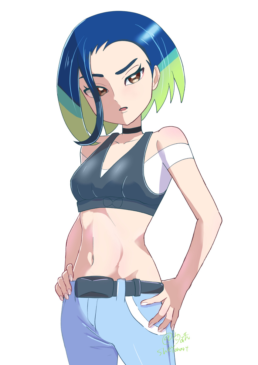1girl, absurdres, bare_shoulders, black_choker, black_vest, blue_hair, bob_cut, breasts