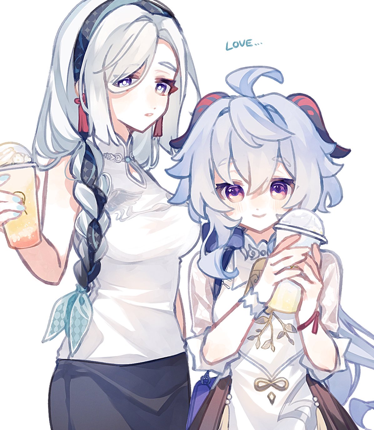 2girls, ahoge, bare_shoulders, bell, black_skirt, blue_eyes, blue_hair, blush