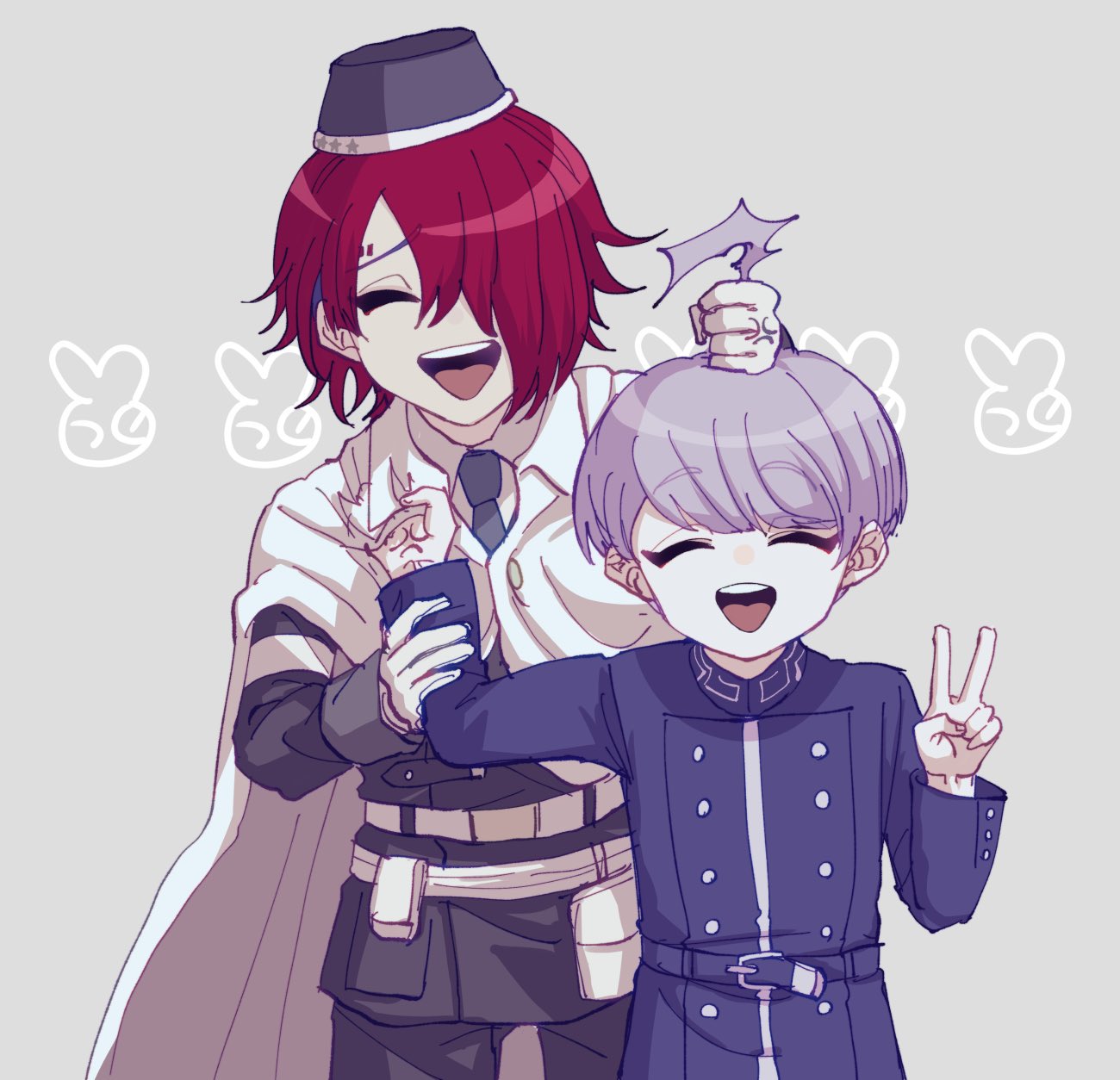 2boys, :d, ahoge, ahoge_grab, anger_vein, belt, belt_pouch, black_headwear, black_jacket, blue_jacket, blue_necktie, cape, closed_eyes, collar_grab, collared_shirt, commentary_request, facing_viewer, gloves, grabbing_another's_hair, grey_background, hair_over_one_eye, hand_on_another's_arm, highres, hong_(beniimo_hnkn), jacket, long_sleeves, male_focus, master_detective_archives:_rain_code, multiple_boys, necktie, open_mouth, pouch, purple_hair, redhead, shirt, short_hair, smile, standing, v, white_belt, white_cape, white_gloves, white_shirt, yomi_hellsmile, yuma_kokohead