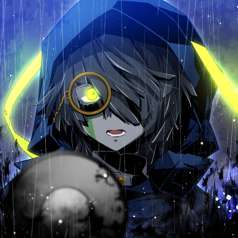 1boy, blue_cloak, cloak, facial_mark, glowing, glowing_eye, green_eyes, grey_hair
