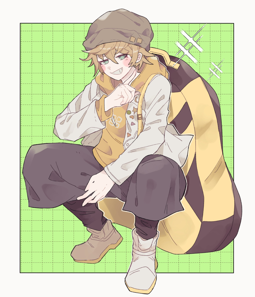 1boy, absurdres, beanie, blonde_hair, blush, commentary_request, desuhiko_thunderbolt, full_body