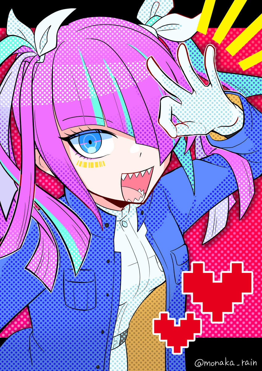 1girl, :d, absurdres, blue_eyes, blue_hair, blue_jacket, commentary_request, gloves, guillaume_hall, hair_over_one_eye, hair_ribbon, heart, highres, jacket, long_hair, long_sleeves, looking_at_viewer, master_detective_archives:_rain_code, monaka_(monaka_alola), multicolored_hair, ok_sign, ok_sign_over_eye, open_mouth, pink_eyeliner, pink_hair, ribbon, sharp_teeth, shirt, smile, solo, streaked_hair, teeth, twintails, twitter_username, white_gloves, white_shirt
