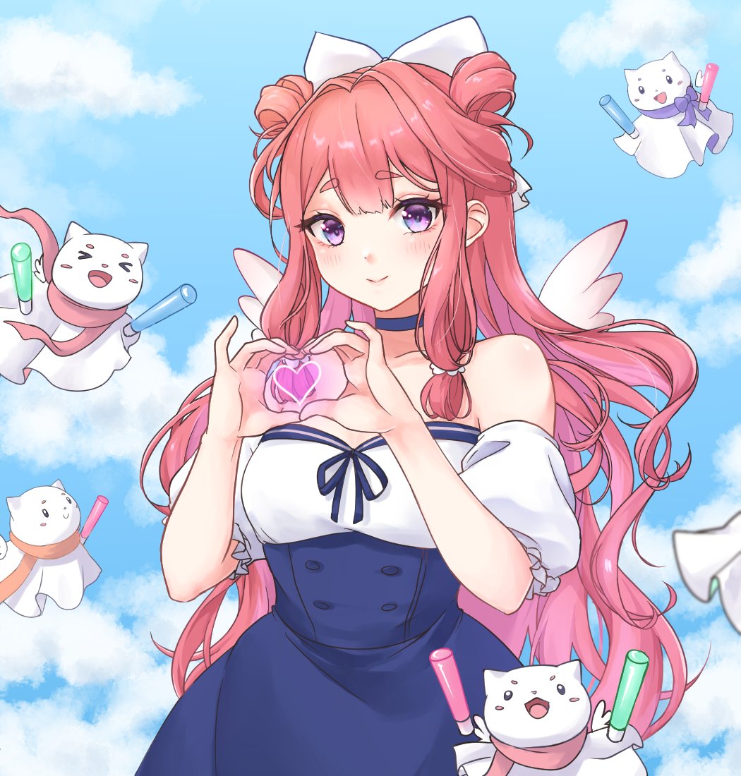 1girl, blue_choker, blue_skirt, bow, choker, commentary, detached_sleeves, english_commentary