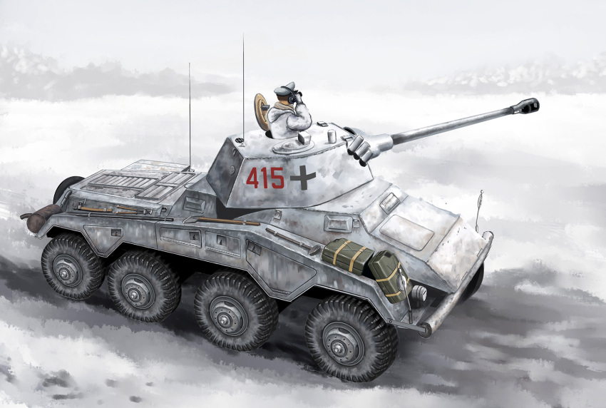 armored_vehicle, binoculars, camouflage, cannon, cleaver, cross, hammer, hat