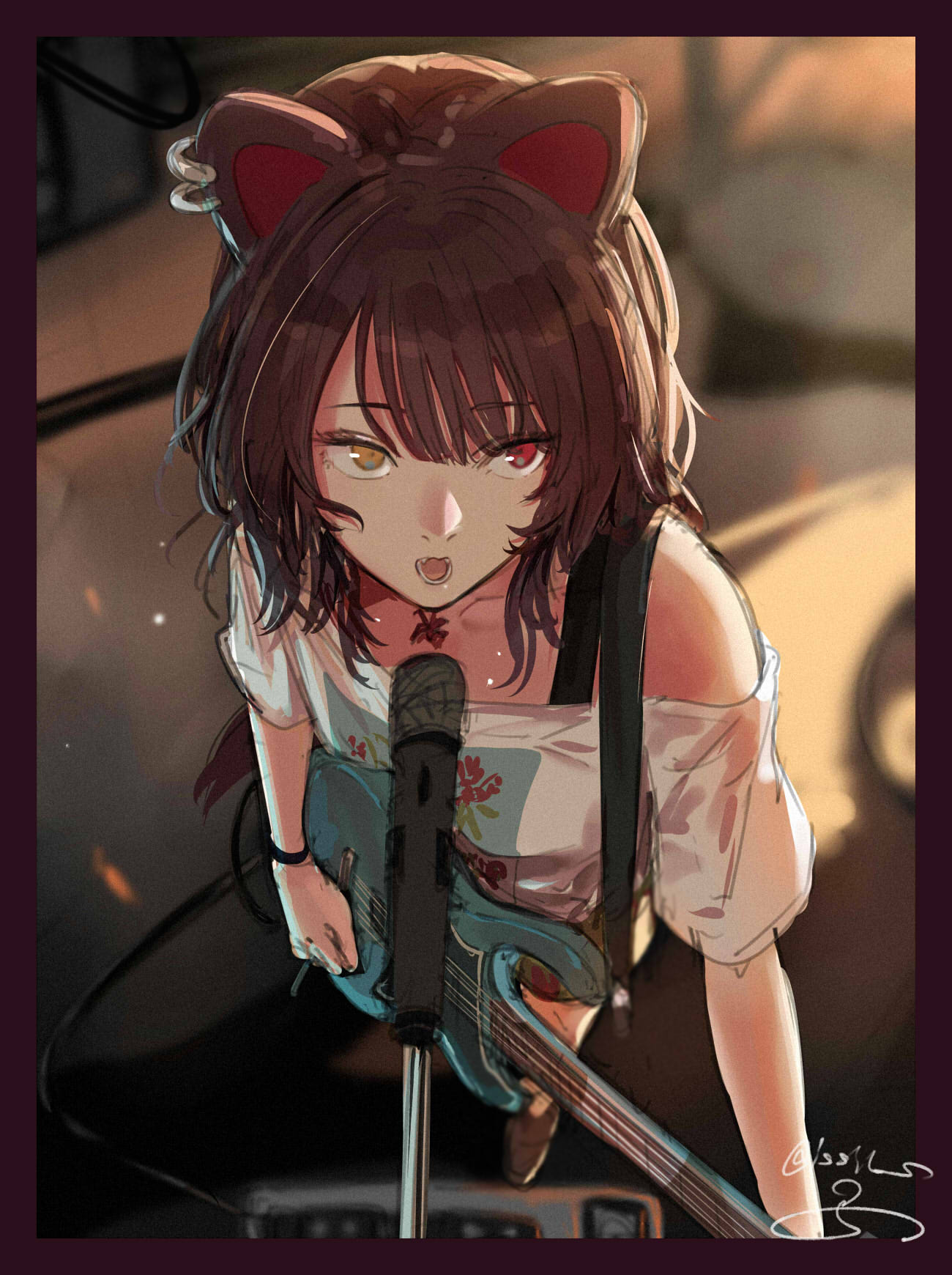 1girl, animal_ears, black_tank_top, blunt_bangs, border, brown_footwear, brown_hair, collarbone