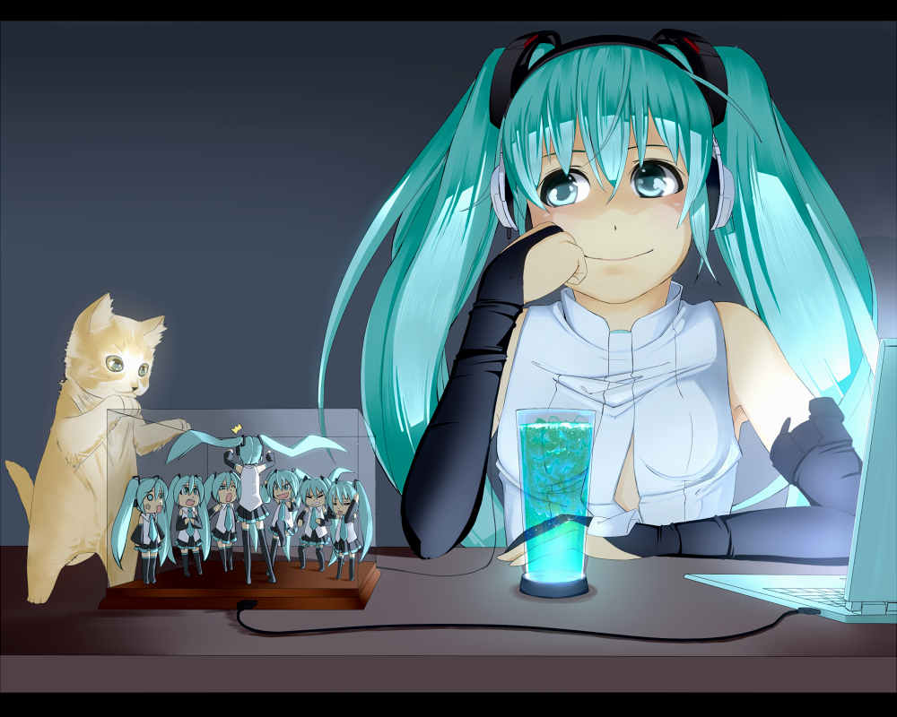 aqua_eyes, aqua_hair, bridal_gauntlets, cat, chorus, computer, elbow_gloves, fingerless_gloves