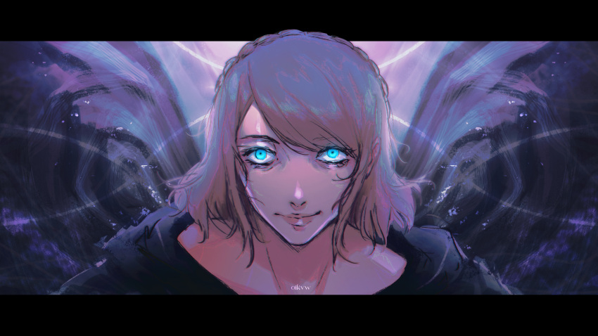 1girl, absurdres, artist_name, athena_(ff14), bags_under_eyes, blonde_hair, blue_eyes, commentary