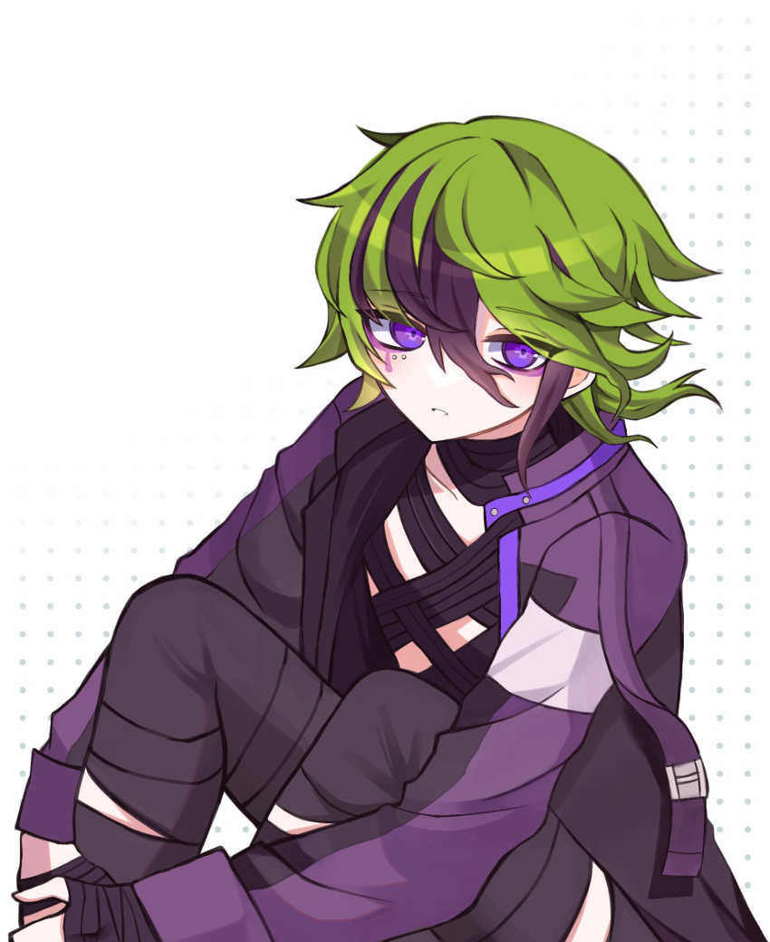 1boy, bandaged_chest, black_hair, black_pants, coat, eyeliner, green_hair, hair_between_eyes